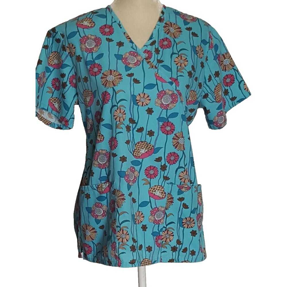 Scrub Top Womens Size S Blue Pink Floral V Neck Pockets Tie Back